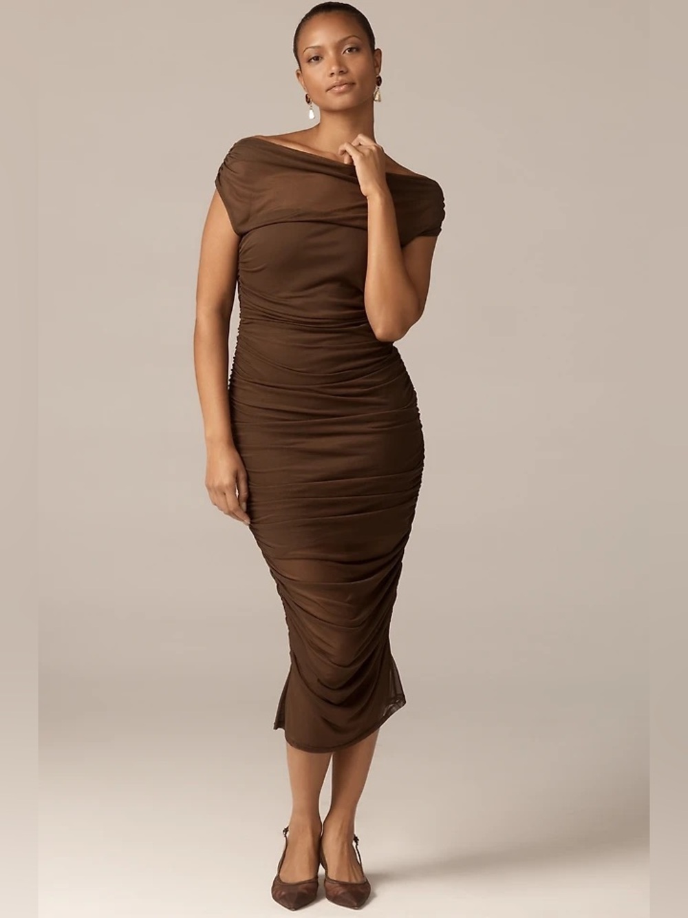 NWT Anthropologie Loretta Off Shoulder Mesh Ruched Slim Midi Dress XXS Brown